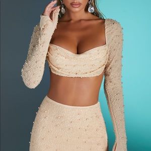 LA DÉSIRADE 
EMBELLISHED COWL NECK CROP TOP IN SAND Oh Polly